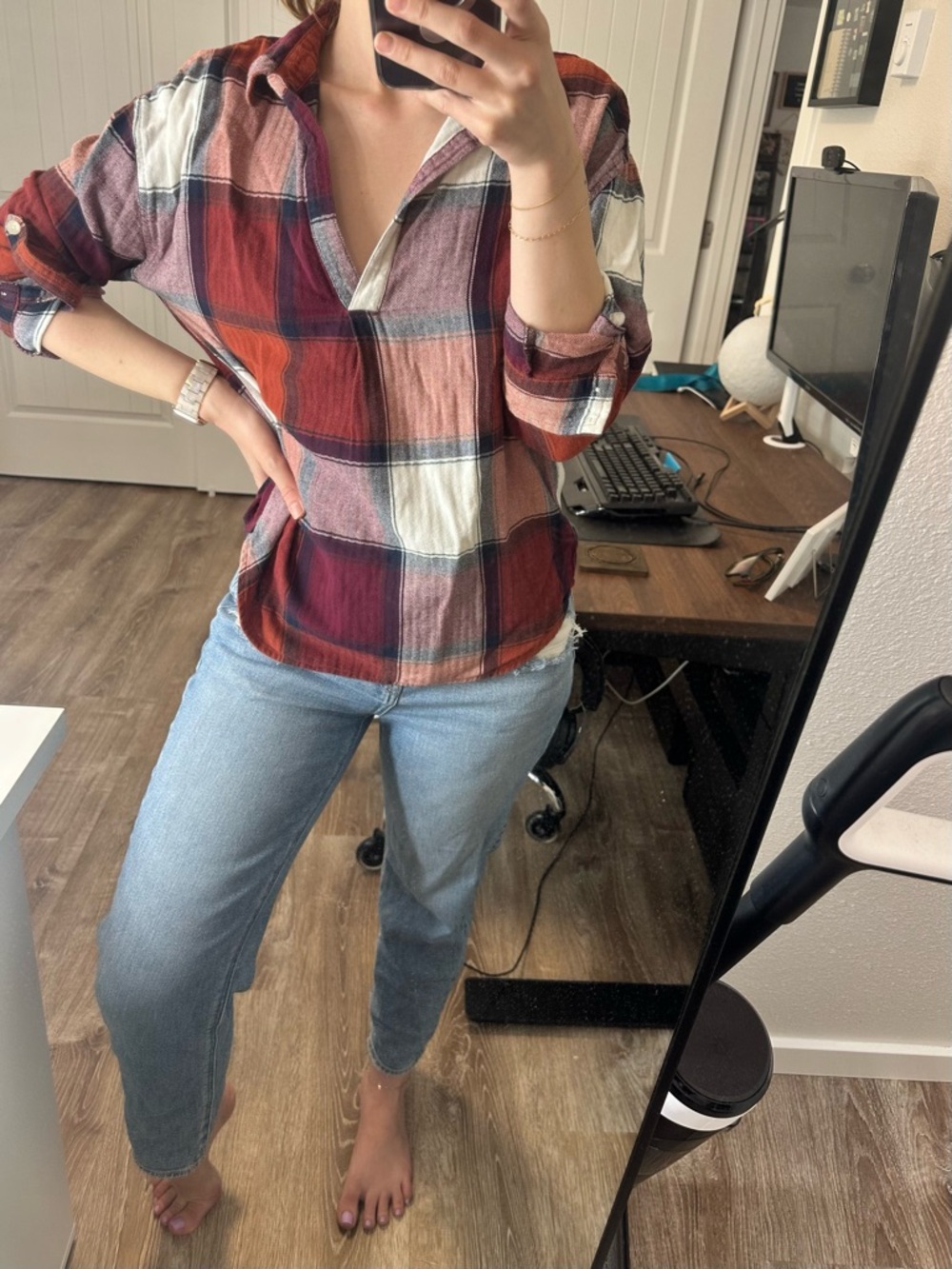 Universal Thread Plaid Shirt in Rust, Burgundy & Blush